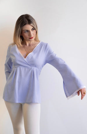 Camicia ambra riga azzurra e bianca